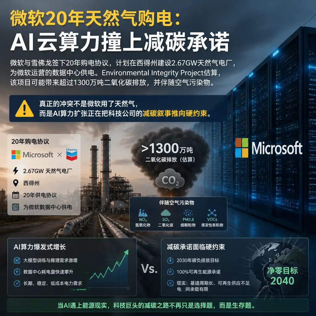 微软20年天然气购电:AI云算力撞上减碳承诺