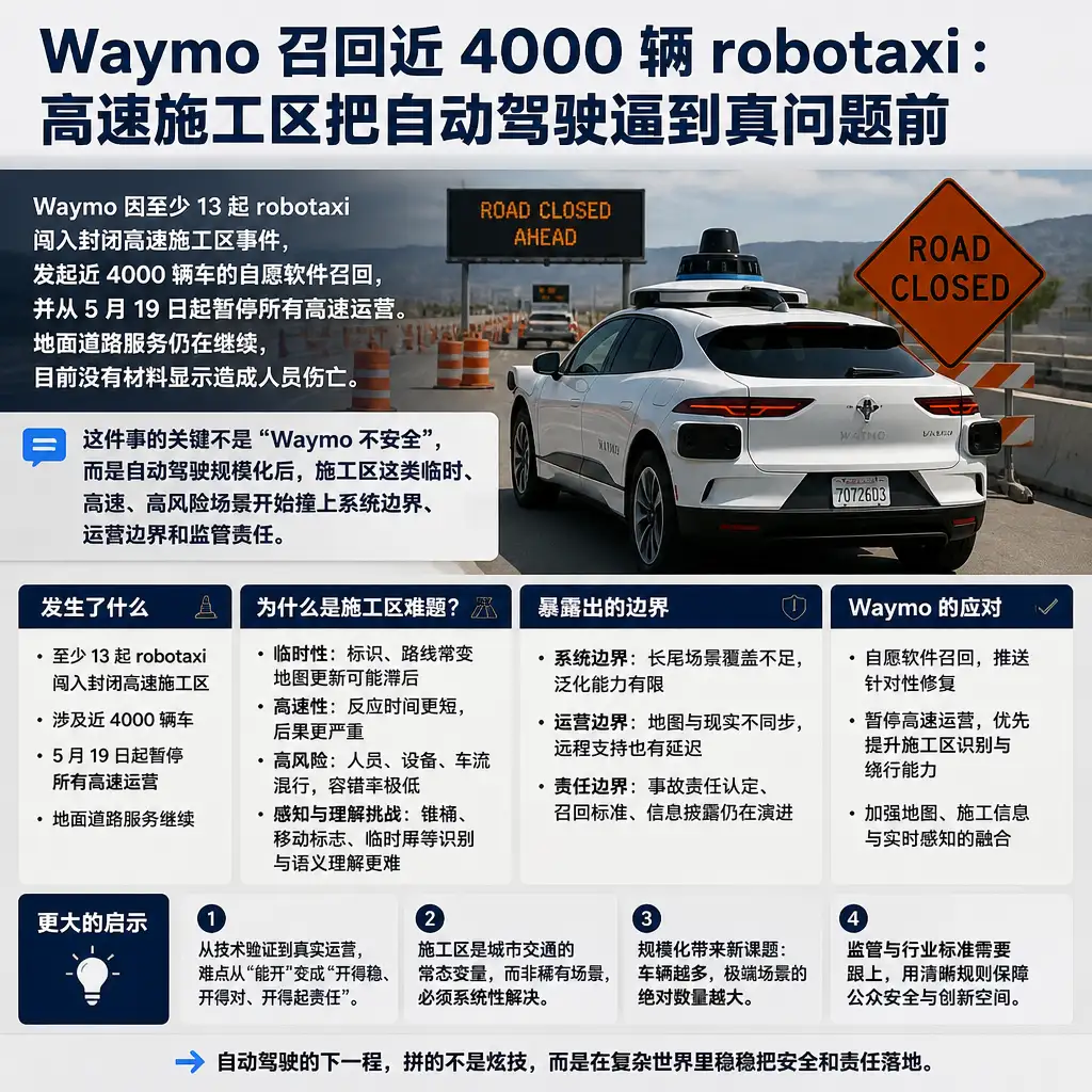 Waymo 召回近 4000 辆 robotaxi:高速施工区把自动驾驶逼到真问题前