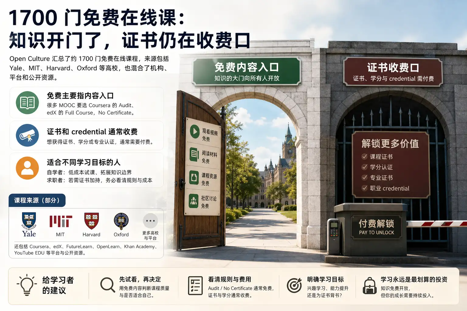 1700 门免费在线课:知识开门了,证书仍在收费口