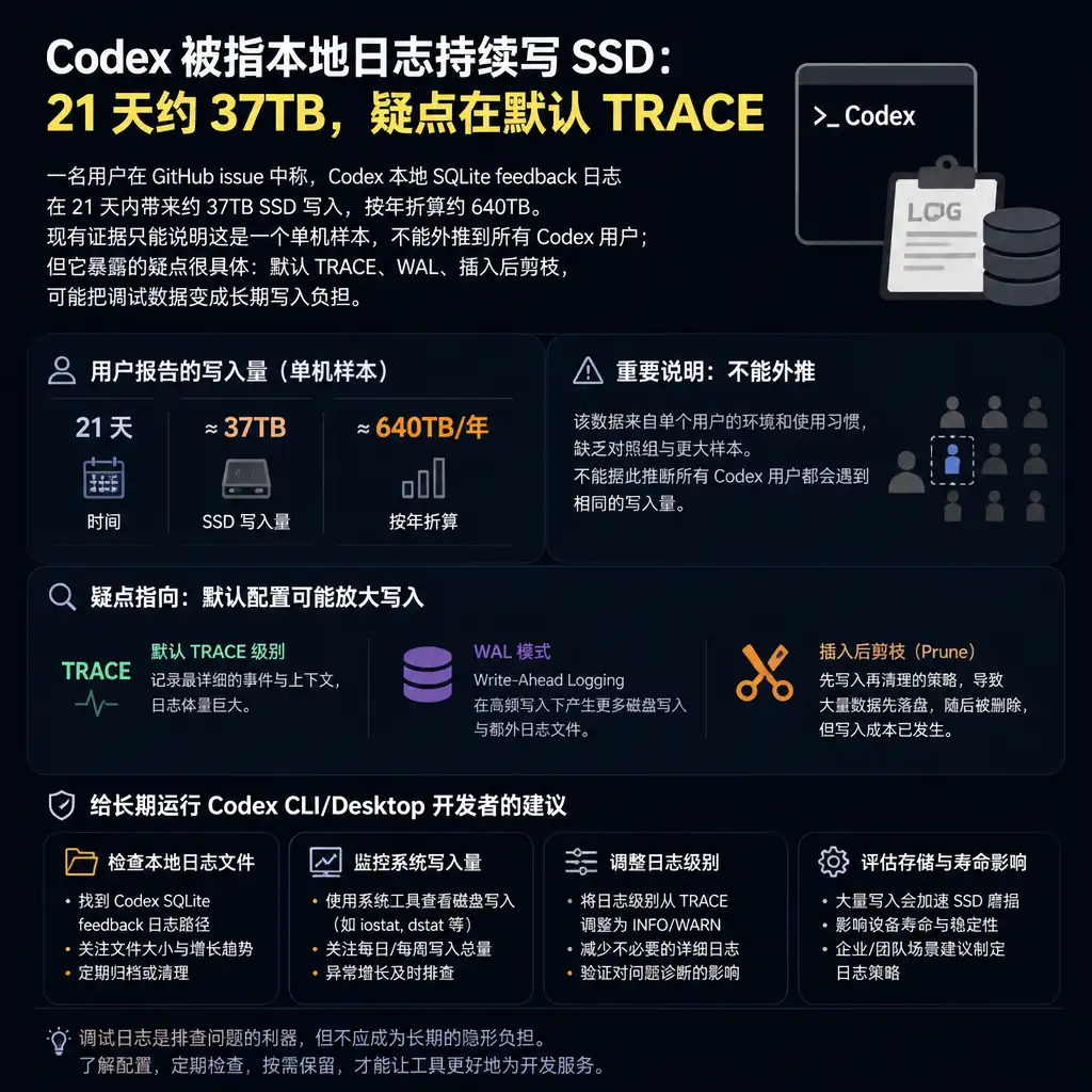 Codex 被指本地日志持续写 SSD:21 天约 37TB,疑点在默认 TRACE