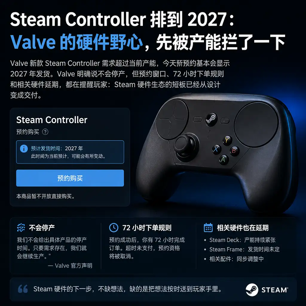 Steam Controller 排到 2027:Valve 的硬件野心,先被产能拦了一下
