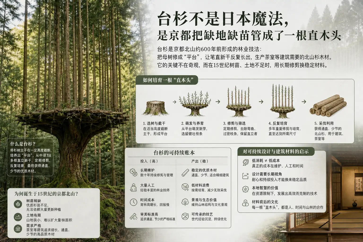 台杉不是日本魔法,是京都把缺地缺苗管成了一根直木头