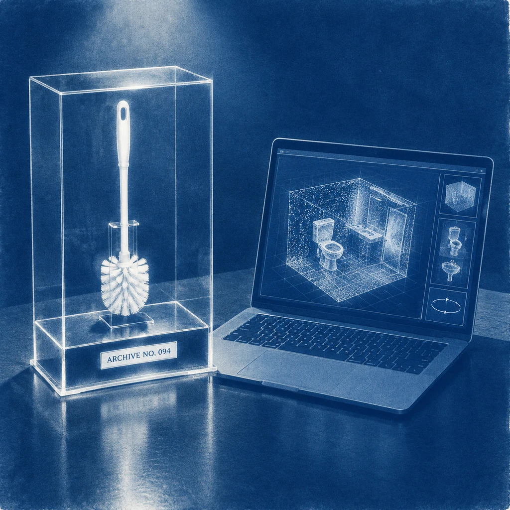 博物馆亚克力盒里的普通马桶刷与屏幕上的3D档案并置(示意图)