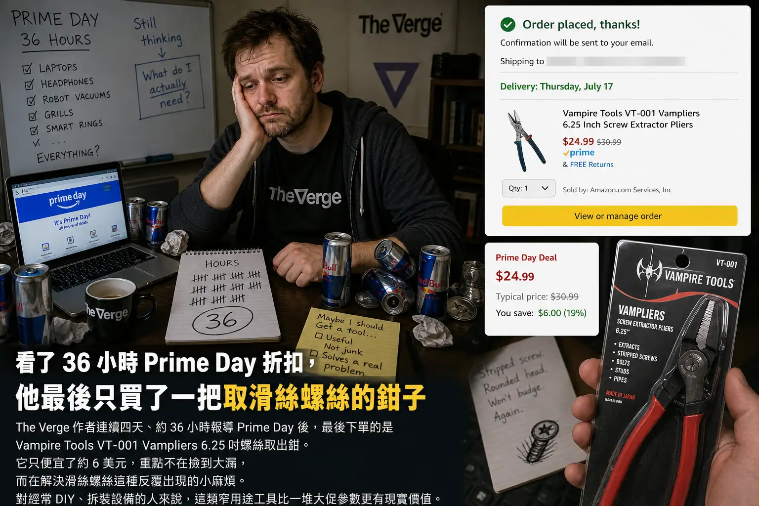 看了 36 小时 Prime Day 折扣,他最后只买了一把取滑丝螺丝的钳子