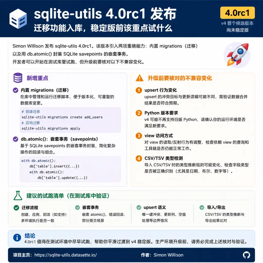 sqlite-utils 4.0rc1 发布:迁移功能入库,稳定版前该重点试什么