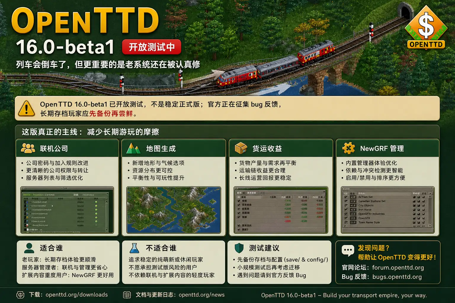 OpenTTD 16.0 beta:列车会倒车了,但更重要的是老系统还在被认真修