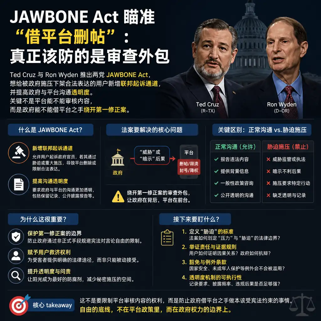 JAWBONE Act瞄准政府“借平台删帖”:真正该防的是审查外包