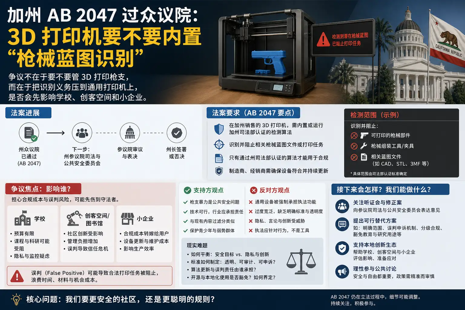 加州 AB 2047 过众议院:3D 打印机要不要内置“枪械蓝图识别”