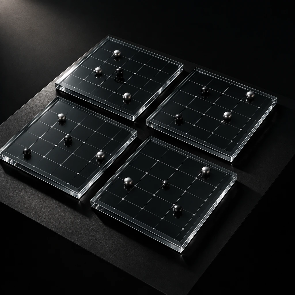 四块切片棋盘以二维阵列排布,将四维落子空间清晰拆解(示意图)