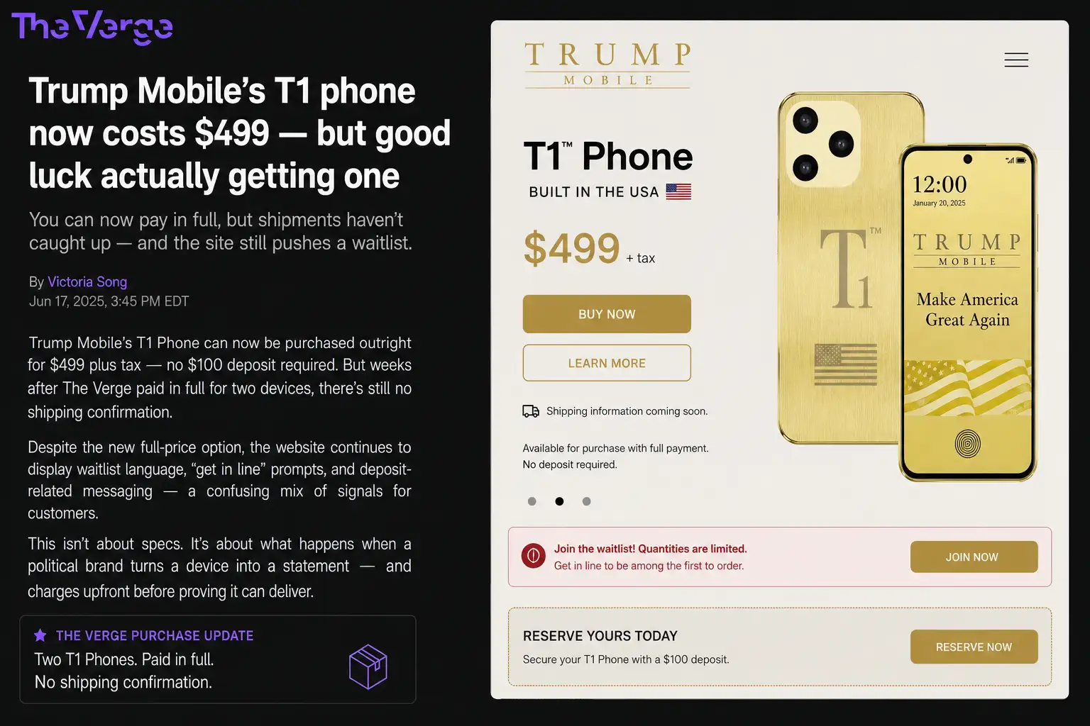 Trump Mobile T1 开放499美元全款购买,但交付还没跟上